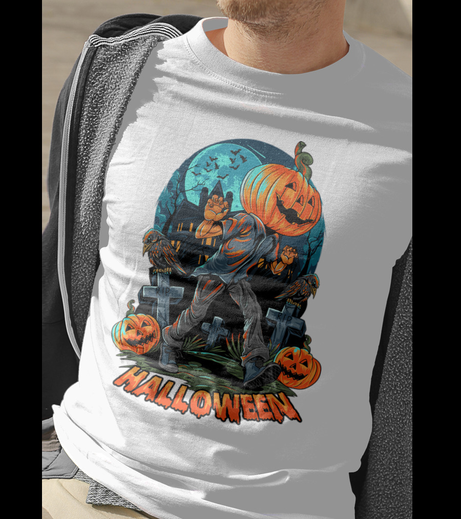 Spooky Halloween Pumpkin Head Costume With Haunted House And Bats T-Shirt