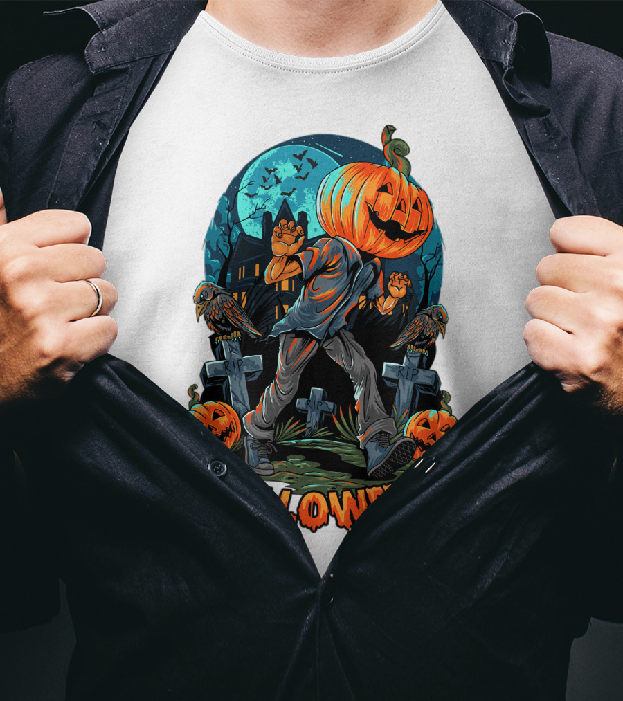 Spooky Halloween Pumpkin Head Costume With Haunted House And Bats T-Shirt