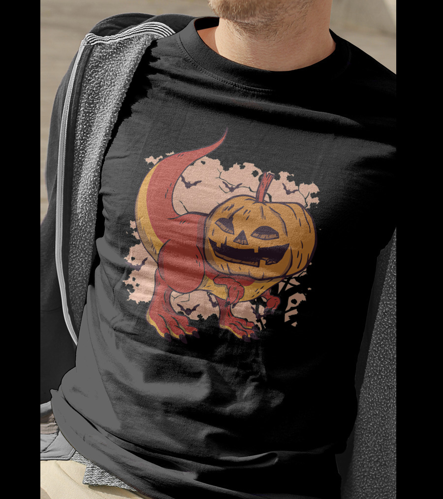 Pumpkin-Head Dinosaur With Jack-O'-Lantern Face And Creepy Background T-Shirt