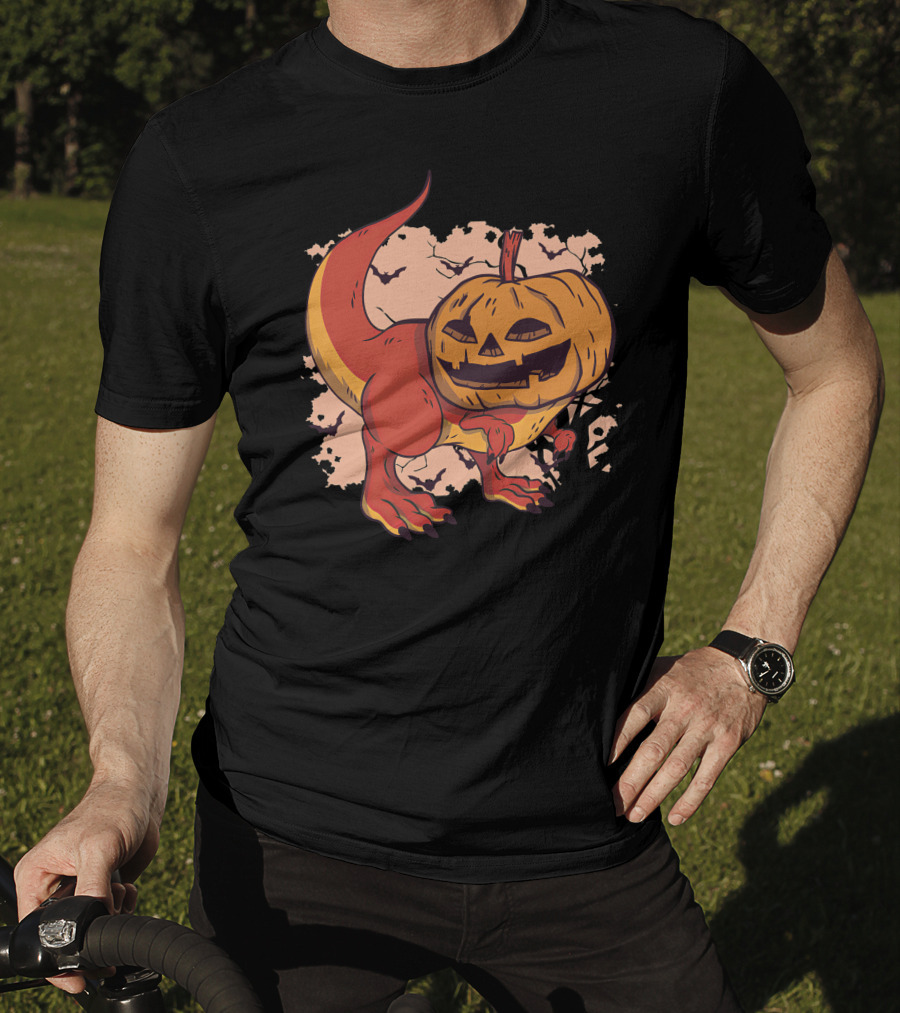Pumpkin-Head Dinosaur With Jack-O'-Lantern Face And Creepy Background T-Shirt