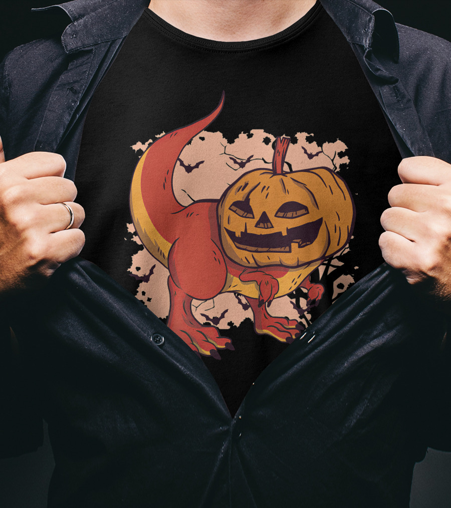 Pumpkin-Head Dinosaur With Jack-O'-Lantern Face And Creepy Background T-Shirt