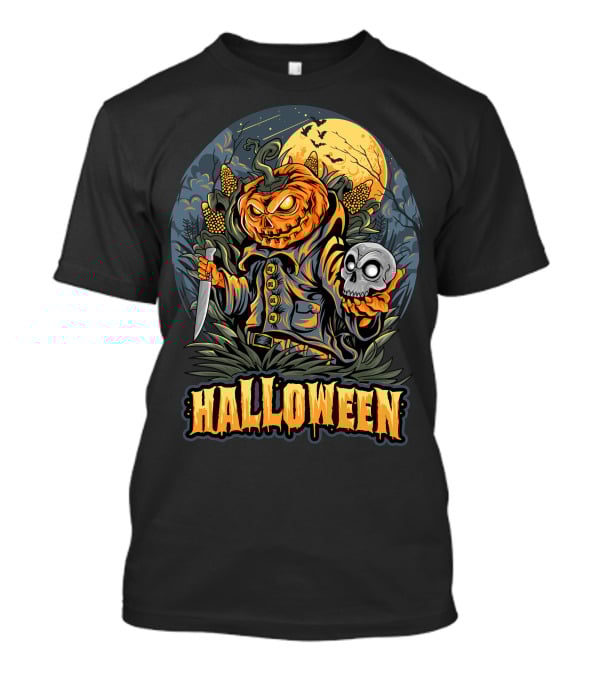 Halloween Pumpkin Head With Knife And Skull In Cornfield Scene T-Shirt