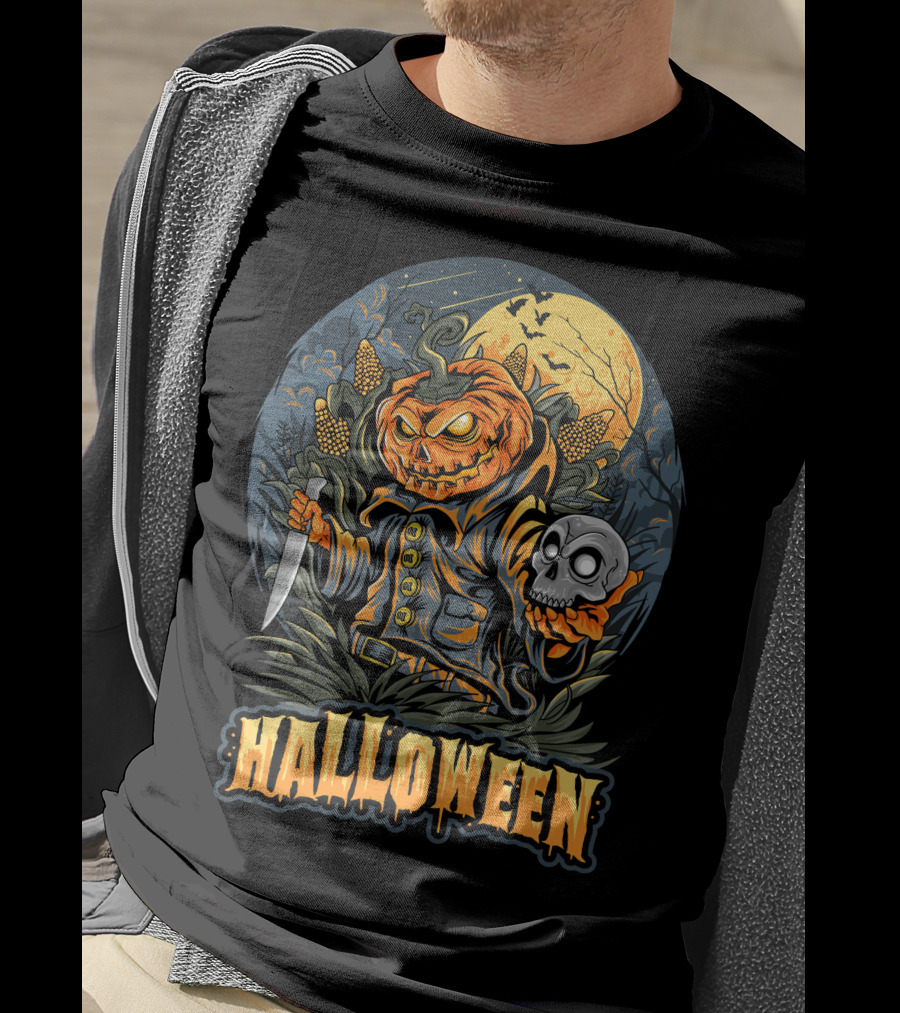 Halloween Pumpkin Head With Knife And Skull In Cornfield Scene T-Shirt