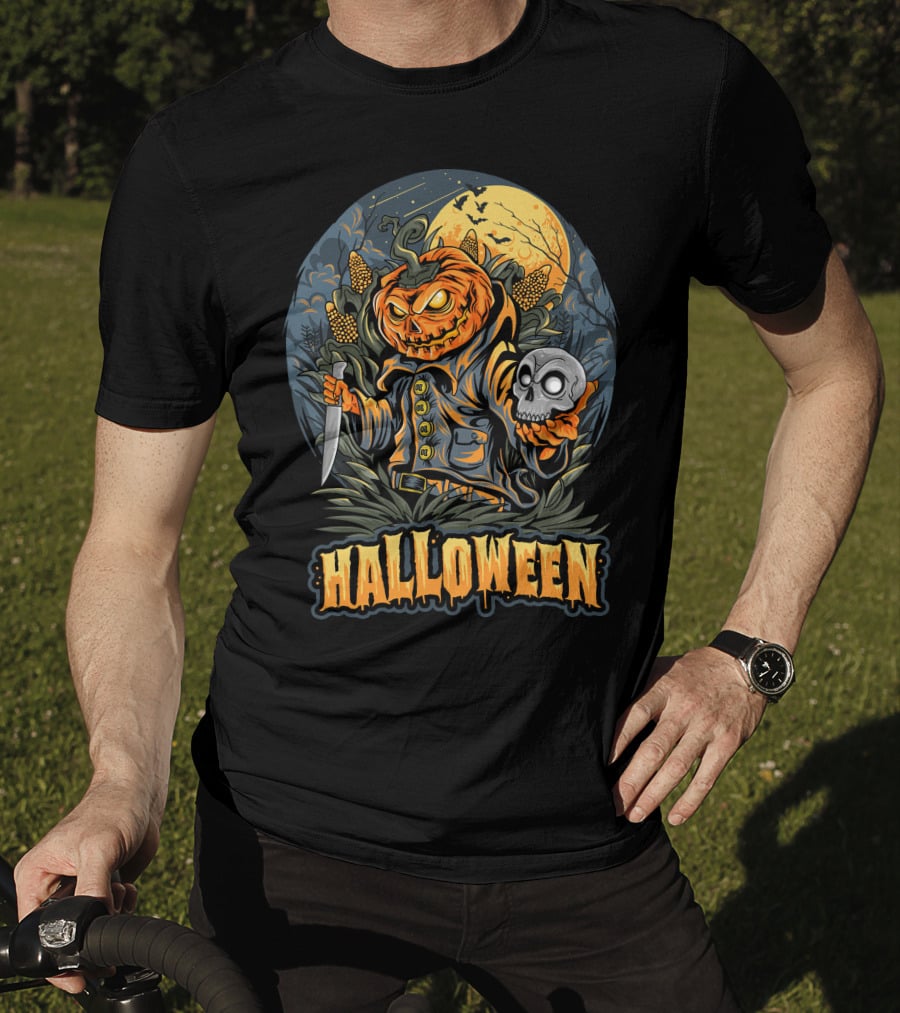 Halloween Pumpkin Head With Knife And Skull In Cornfield Scene T-Shirt