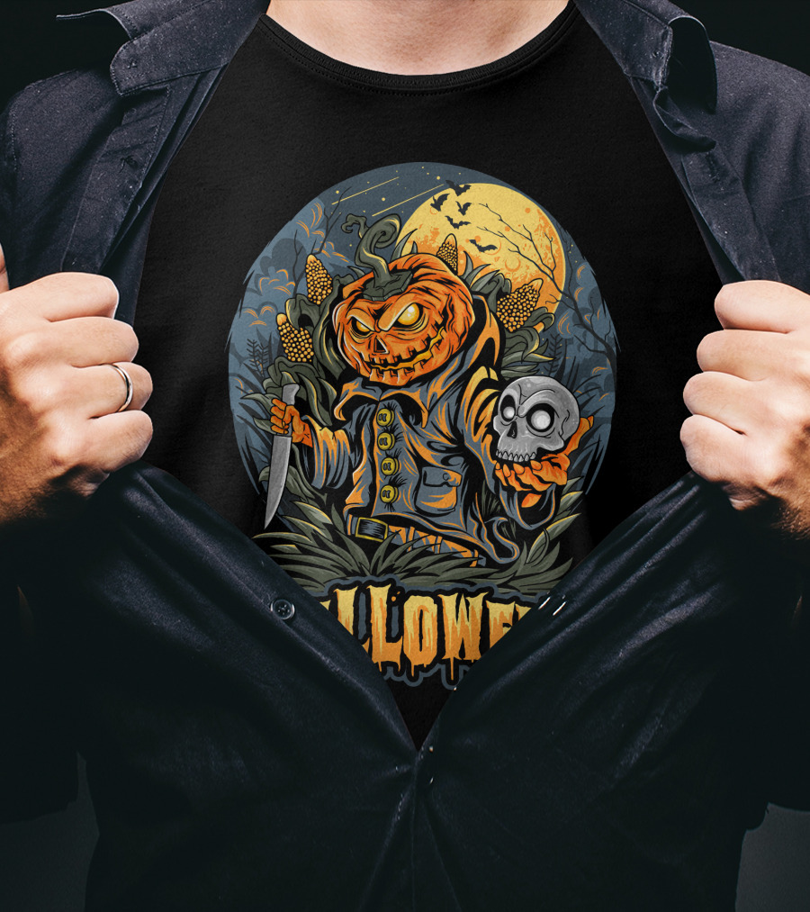 Halloween Pumpkin Head With Knife And Skull In Cornfield Scene T-Shirt