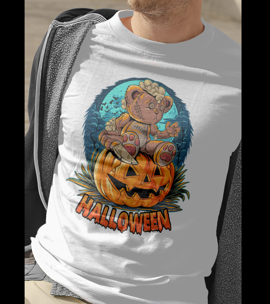 Halloween Teddy Bear On Pumpkin With Moon And Bats T-Shirt
