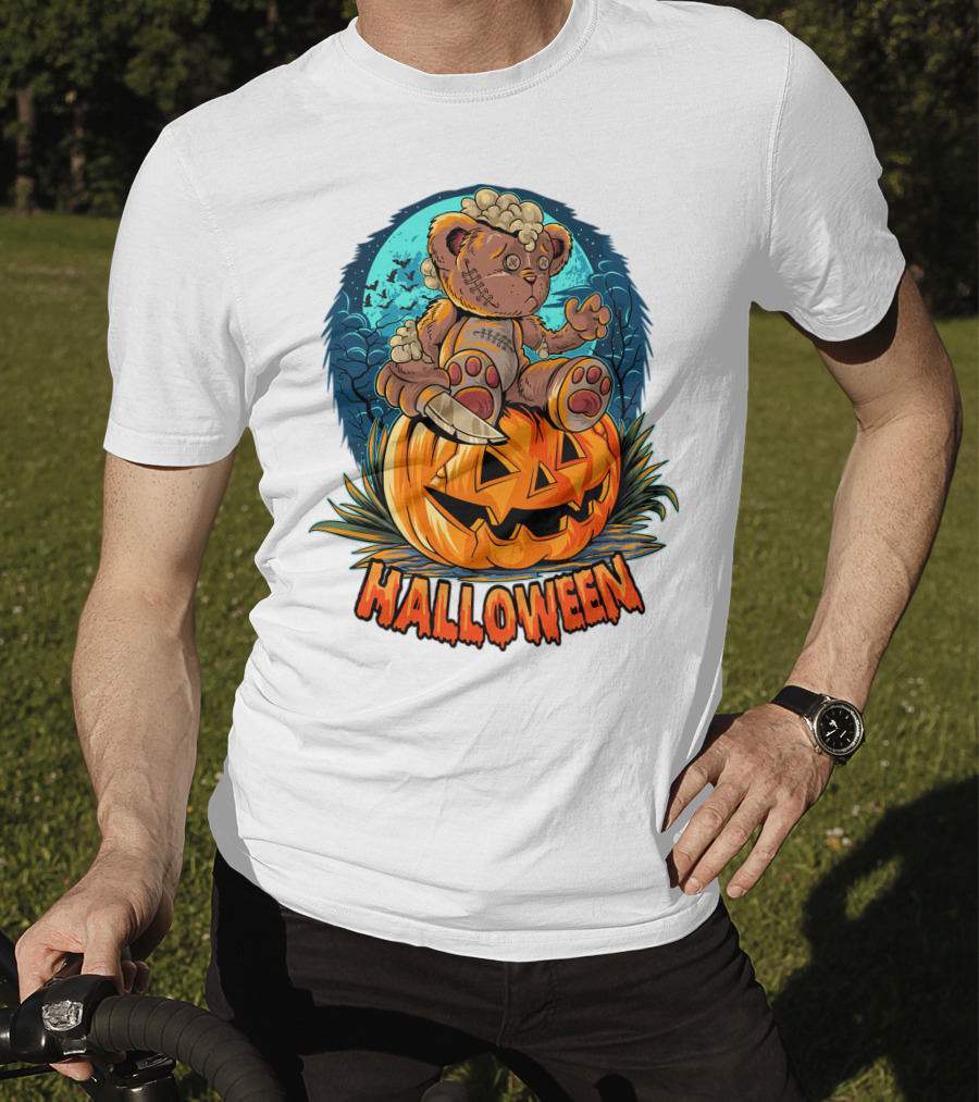 Halloween Teddy Bear On Pumpkin With Moon And Bats T-Shirt