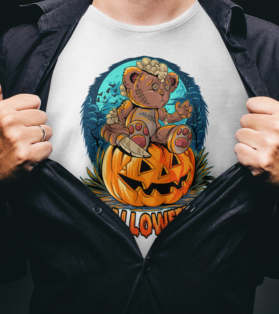 Halloween Teddy Bear On Pumpkin With Moon And Bats T-Shirt