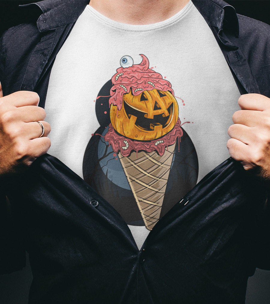 Ice Cream Pumpkin Creepy Cone Halloween Mashup T-Shirt