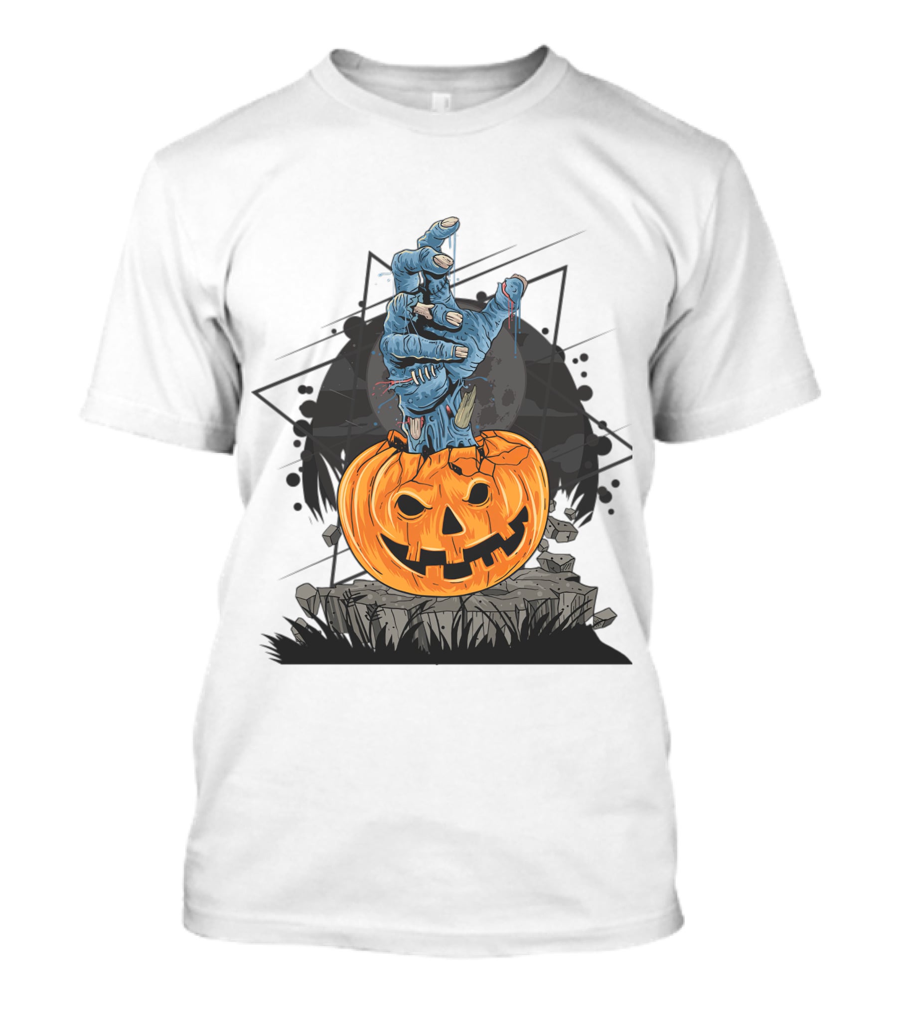 Zombie Hand Emerging From Pumpkin With Spooky Halloween Moon Background T-Shirt
