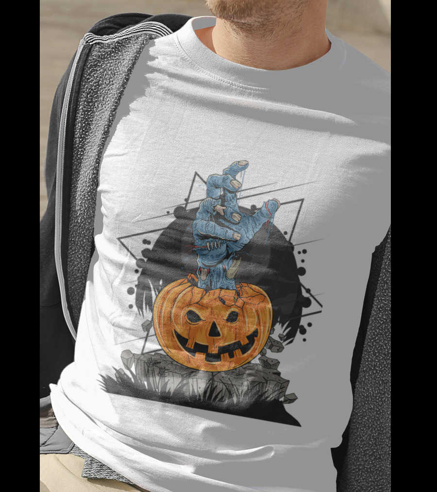 Zombie Hand Emerging From Pumpkin With Spooky Halloween Moon Background T-Shirt
