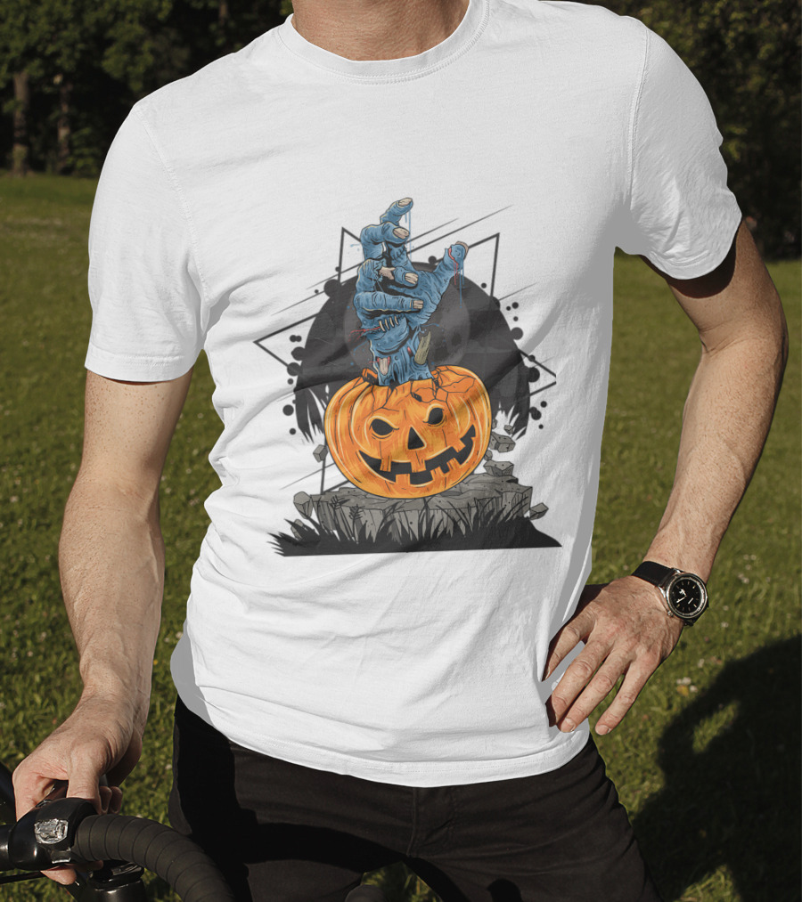 Zombie Hand Emerging From Pumpkin With Spooky Halloween Moon Background T-Shirt