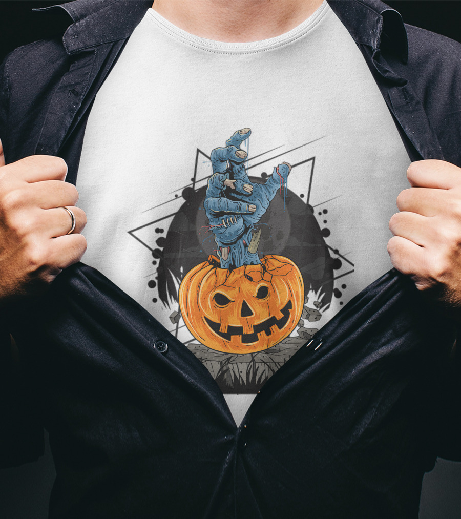 Zombie Hand Emerging From Pumpkin With Spooky Halloween Moon Background T-Shirt