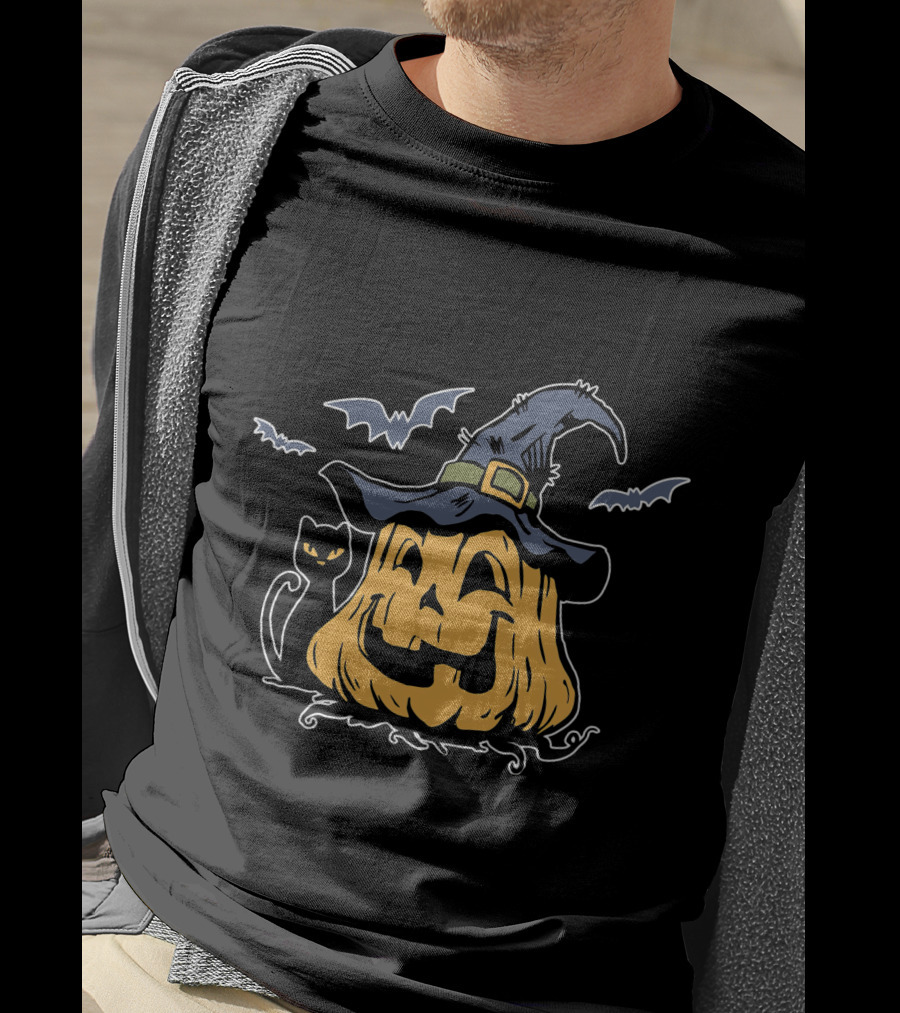 Pumpkin Black Cat Witch Hat Bats Everyday Is Halloween T-Shirt