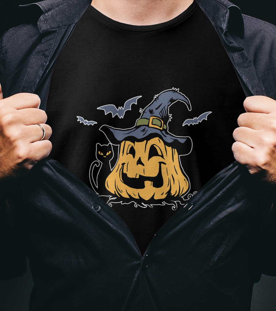 Pumpkin Black Cat Witch Hat Bats Everyday Is Halloween T-Shirt