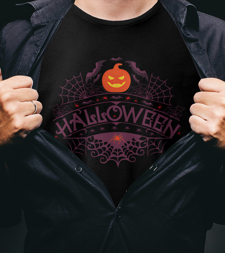 Halloween Pumpkin And Spider Web T-Shirt