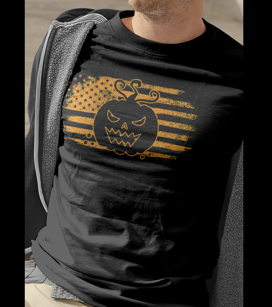 Halloween Pumpkin Monster USA Flag Grunge T-Shirt