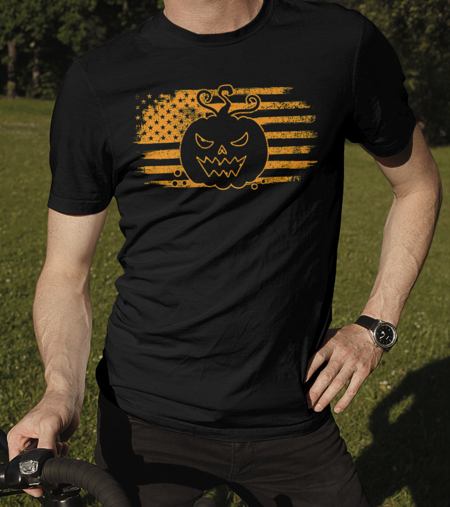 Halloween Pumpkin Monster USA Flag Grunge T-Shirt