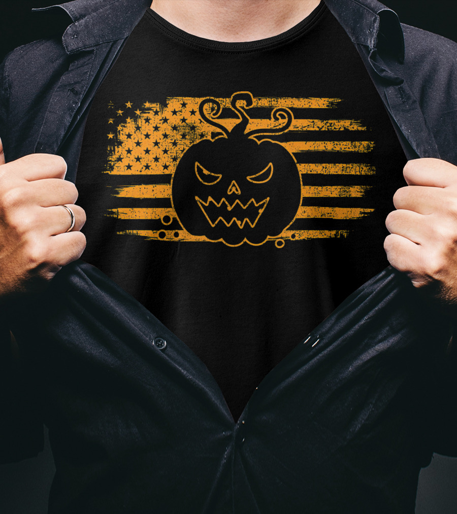 Halloween Pumpkin Monster USA Flag Grunge T-Shirt