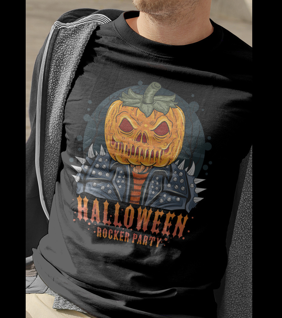 Halloween Rocker Party Pumpkin Head Spiked Jacket T-Shirt