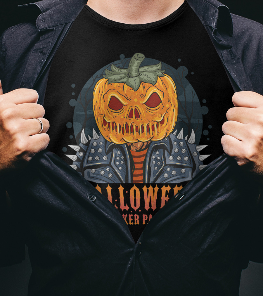 Halloween Rocker Party Pumpkin Head Spiked Jacket T-Shirt
