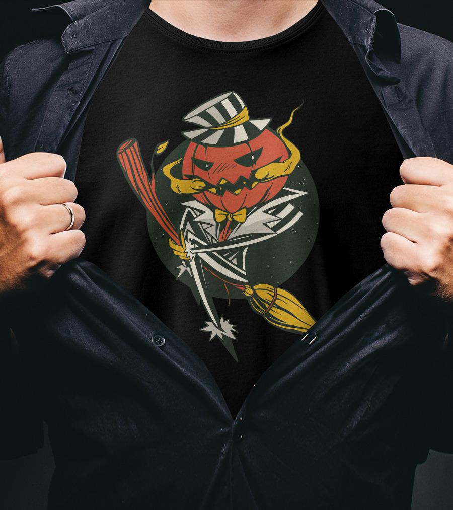 Halloween Pumpkin Skeleton With Striped Hat And Broomstick T-Shirt