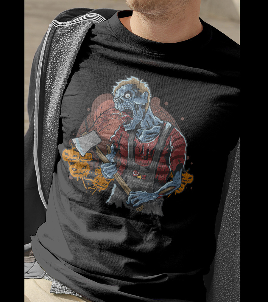 Zombie With Axe And Pumpkins In Spooky Forest T-Shirt