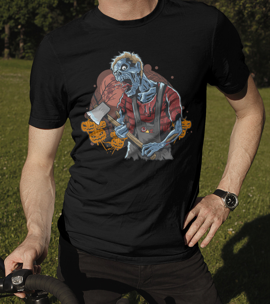 Zombie With Axe And Pumpkins In Spooky Forest T-Shirt