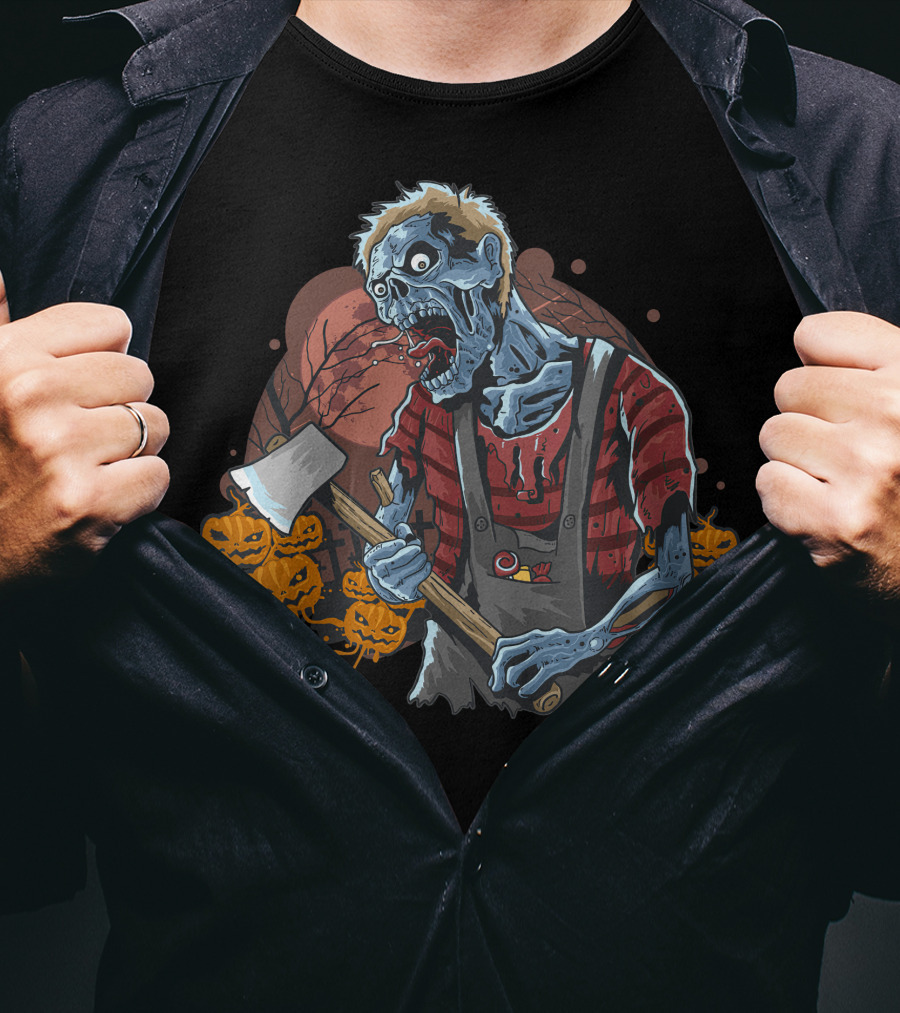 Zombie With Axe And Pumpkins In Spooky Forest T-Shirt