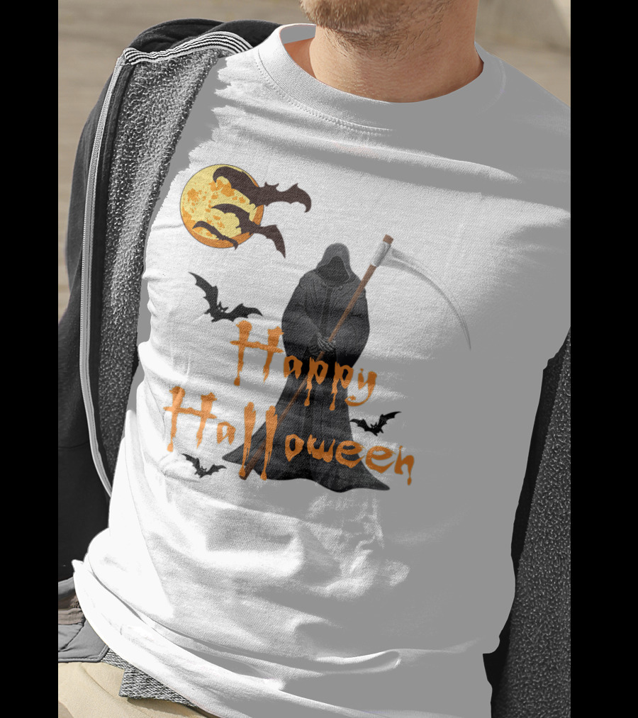 Happy Halloween Grim Reaper With Bats And Moon T-Shirt