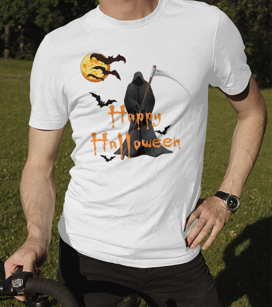 Happy Halloween Grim Reaper With Bats And Moon T-Shirt