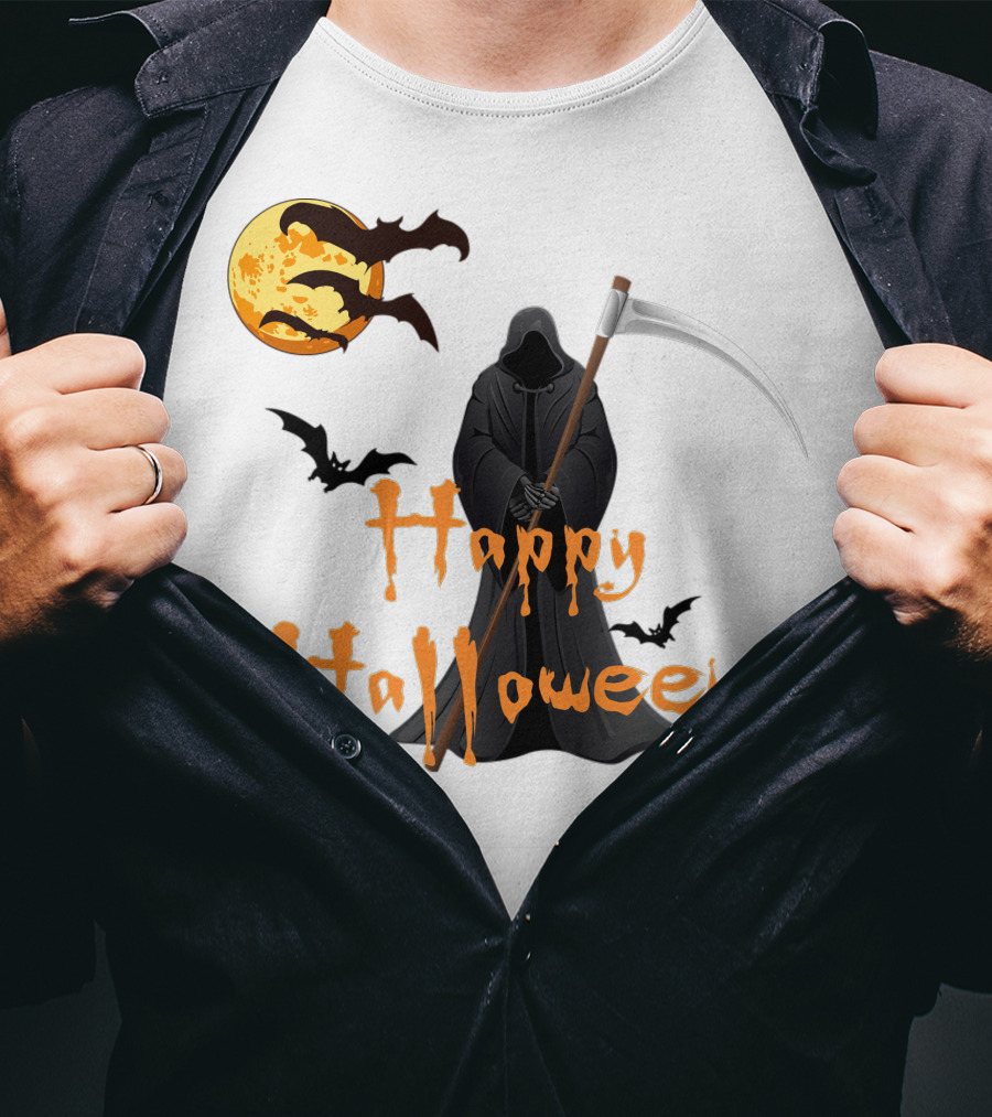 Happy Halloween Grim Reaper With Bats And Moon T-Shirt