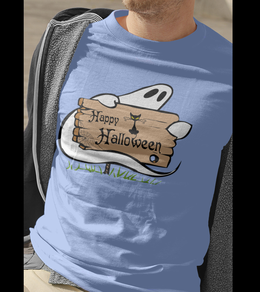 Happy Halloween Ghost With Black Cat And Spider Web T-Shirt