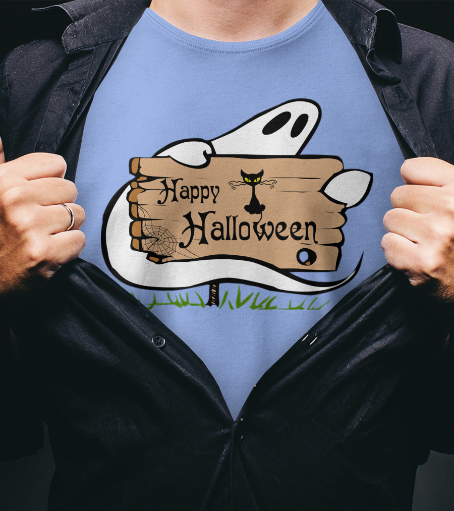 Happy Halloween Ghost With Black Cat And Spider Web T-Shirt