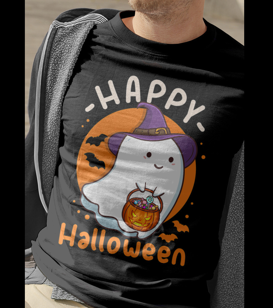 Happy Halloween Ghost With Pumpkin And Witch Hat T-Shirt