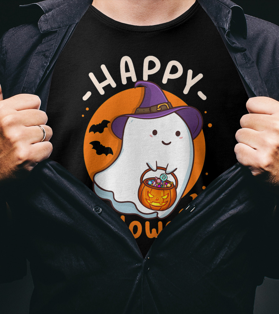 Happy Halloween Ghost With Pumpkin And Witch Hat T-Shirt