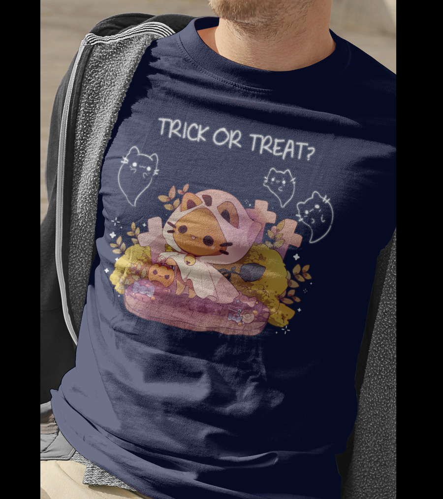 Trick Or Treat Kitty Ghost With Pumpkin And Crosses T-Shirt