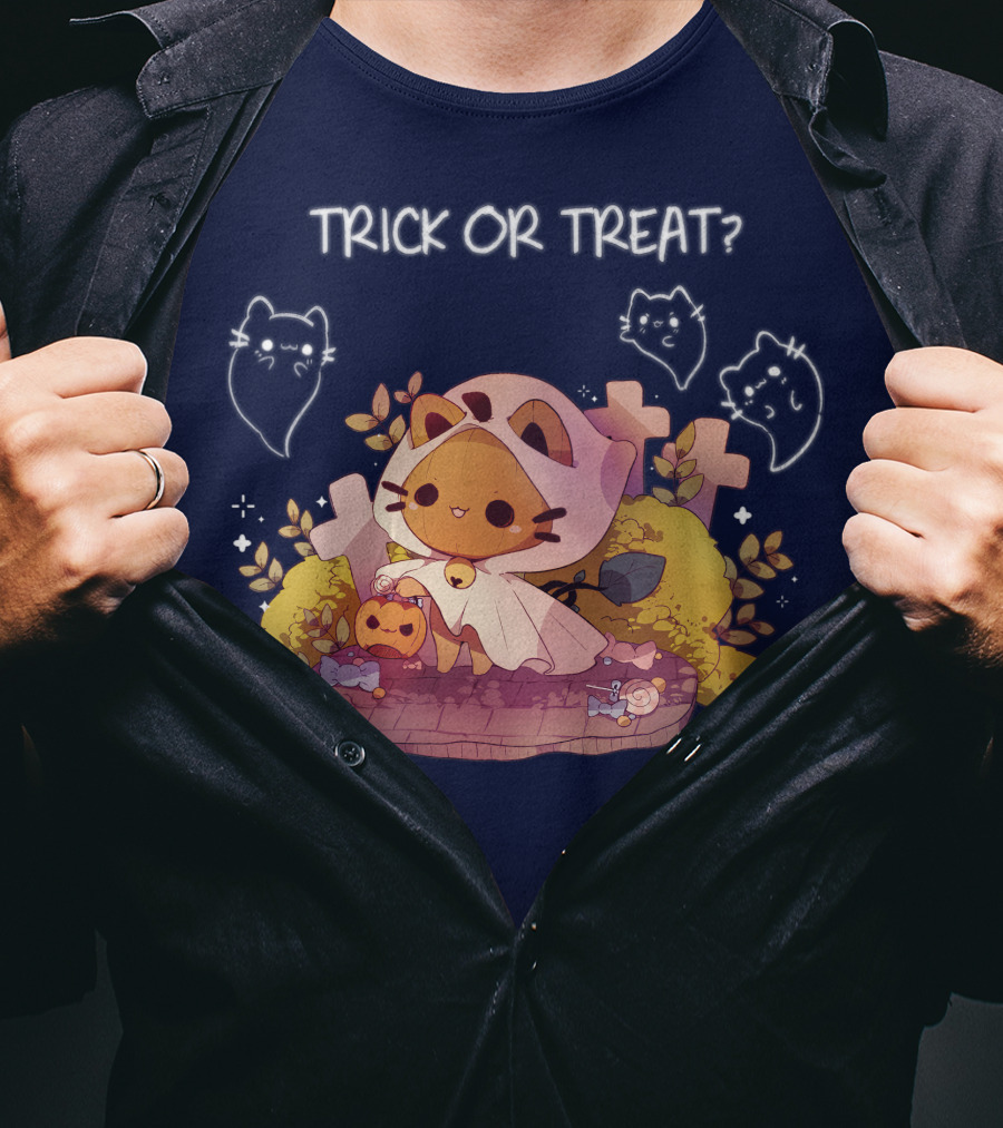 Trick Or Treat Kitty Ghost With Pumpkin And Crosses T-Shirt