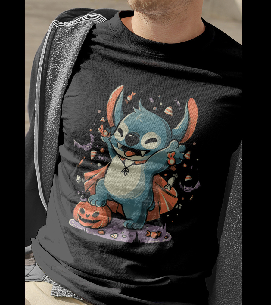 Halloween Cute Cartoon Stitch Vampire Candy Pumpkin T-Shirt