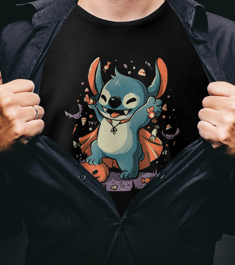 Halloween Cute Cartoon Stitch Vampire Candy Pumpkin T-Shirt