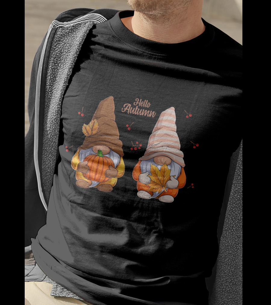 Hello Autumn Gnomes With Pumpkin And Leaf T-Shirt