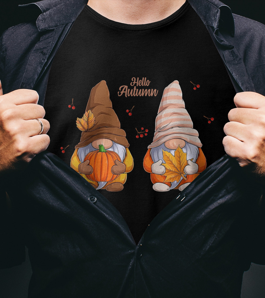 Hello Autumn Gnomes With Pumpkin And Leaf T-Shirt