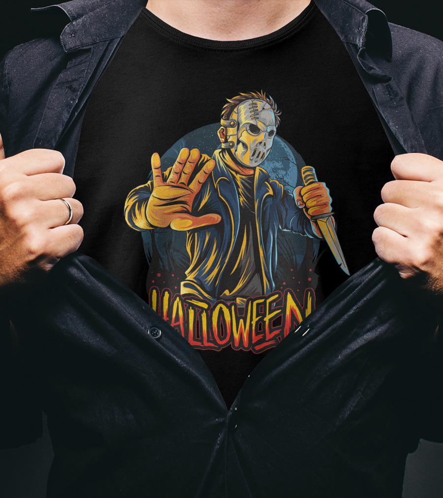Halloween Horror Mask Knife Threat T-Shirt