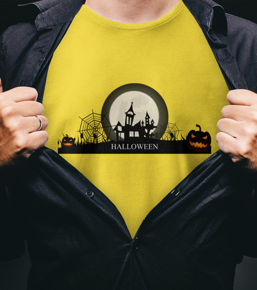 Haunted House And Jack-o'-Lantern Silhouette With Full Moon Halloween Scene T-Shirt