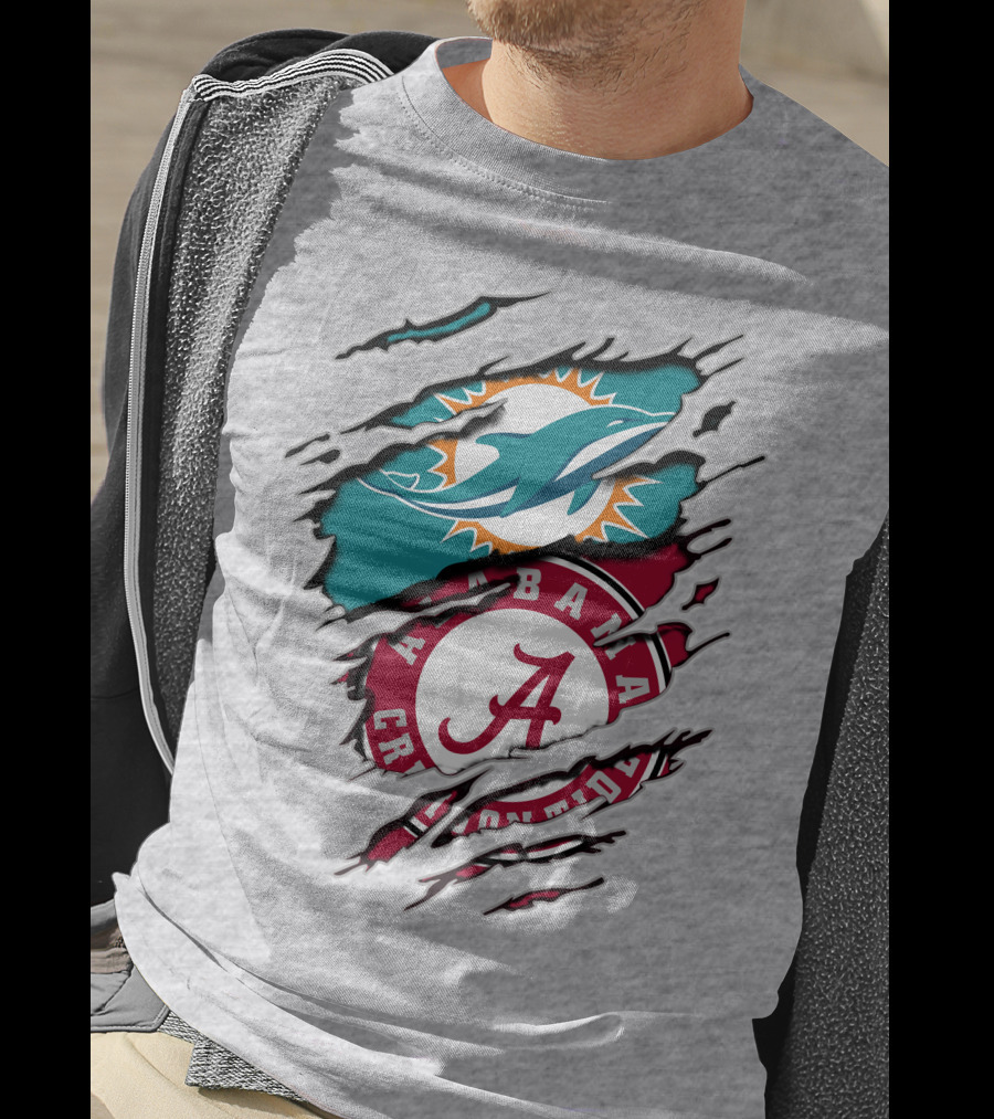 Alabama Crimson Tide And Miami Dolphins Logo Fusion T-Shirt