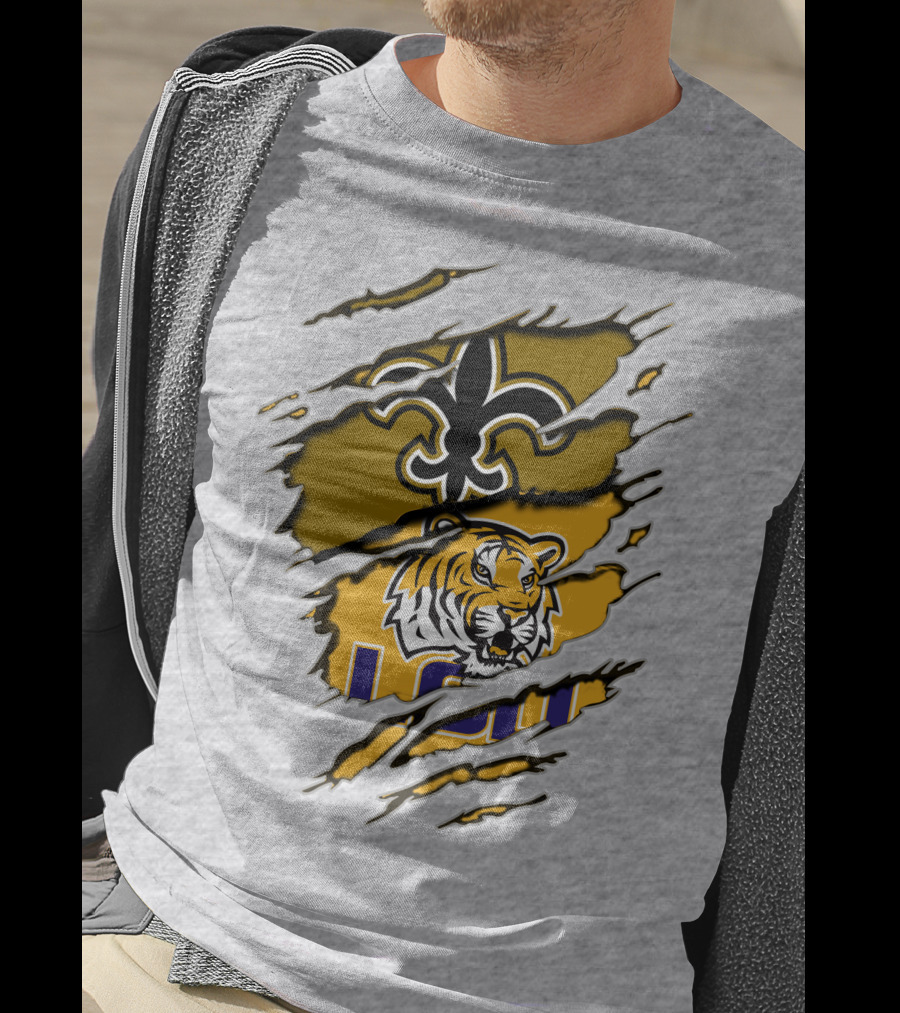 Saints Fleur-de-Lis And LSU Tiger Logo Combination T-Shirt