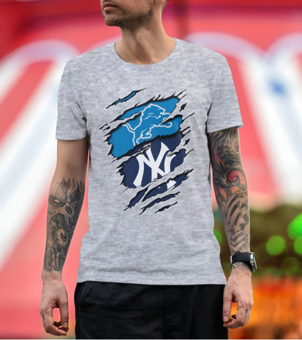 Premium T-Shirt: Detroit Lions New York Yankees Claw Rip T-Shirt Detroit Lions New York Yankees Claw Rip T-Shirt