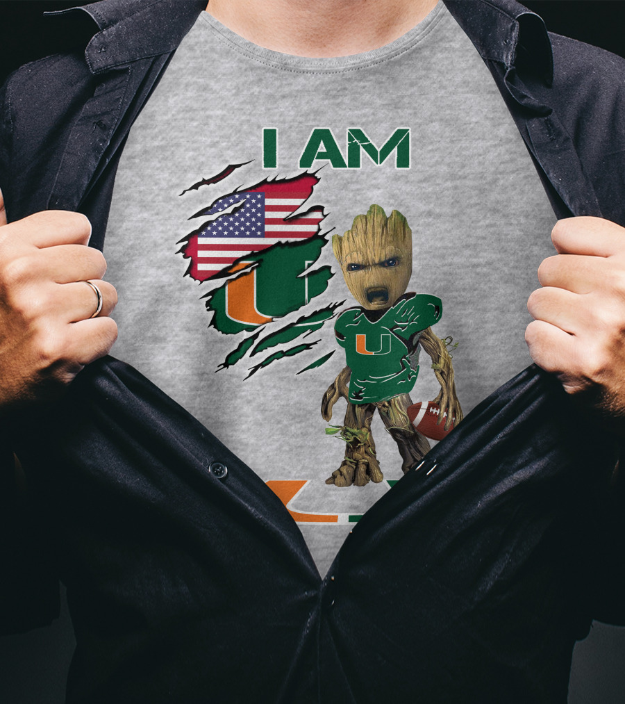 I Am University Of Miami Hurricanes Football Groot American Flag T-Shirt