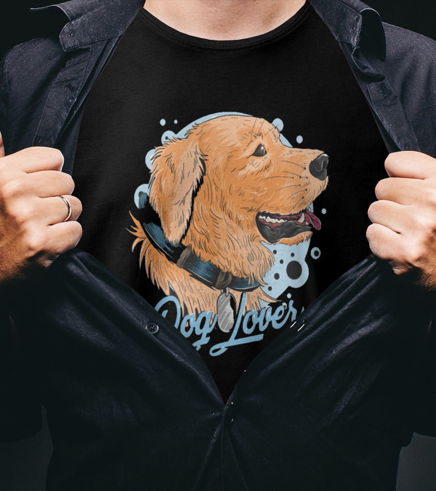 Dog Lover Happy Golden Retriever Head With Collar And Blue Bubbles T-Shirt