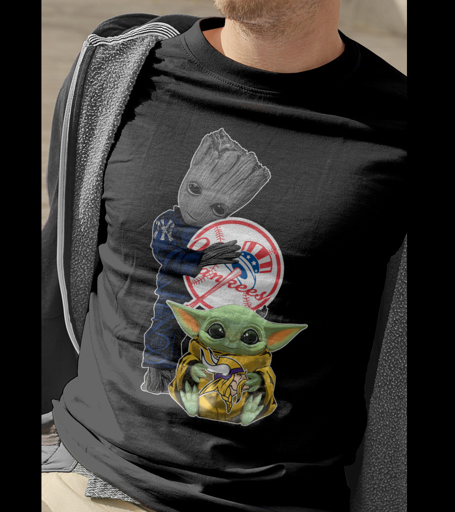 Yankees Baby Groot And Yoda Star Wars Minnesota Vikings T-Shirt